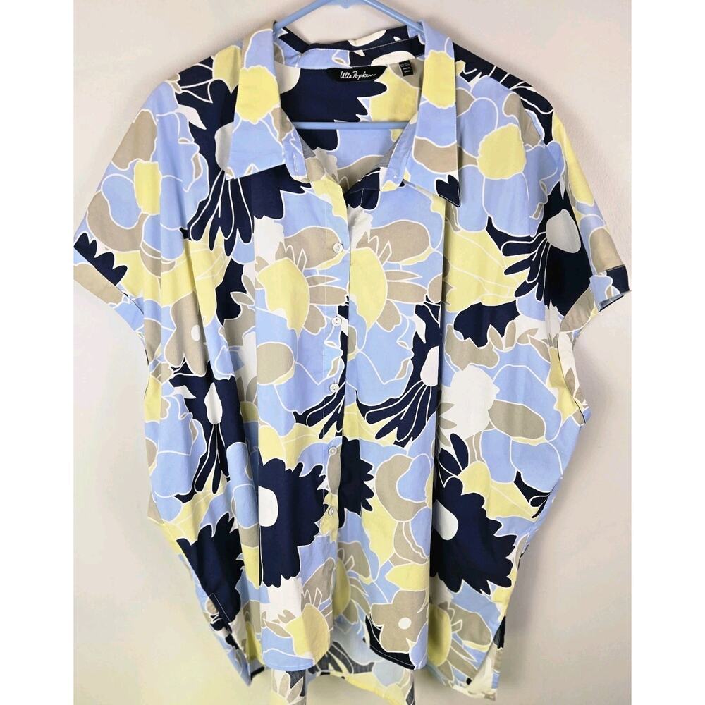 Ulla Popken plus-size short-sleeve button-down floral blouse Sz 32/34 Blue Neutr